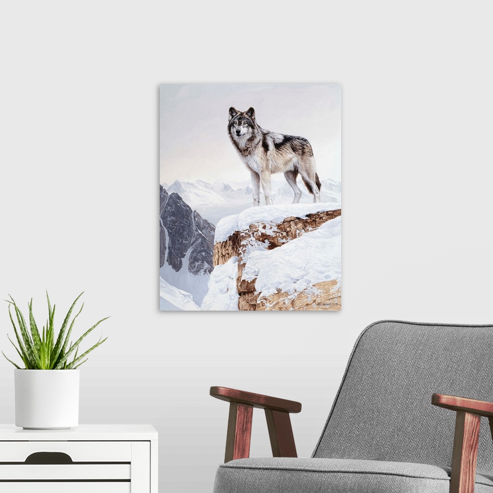 A modern room featuring A wolf stands on a snowy cliff face, silhouetted against the winter sky.