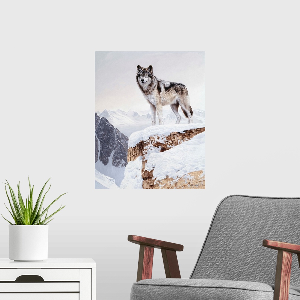 A modern room featuring A wolf stands on a snowy cliff face, silhouetted against the winter sky.