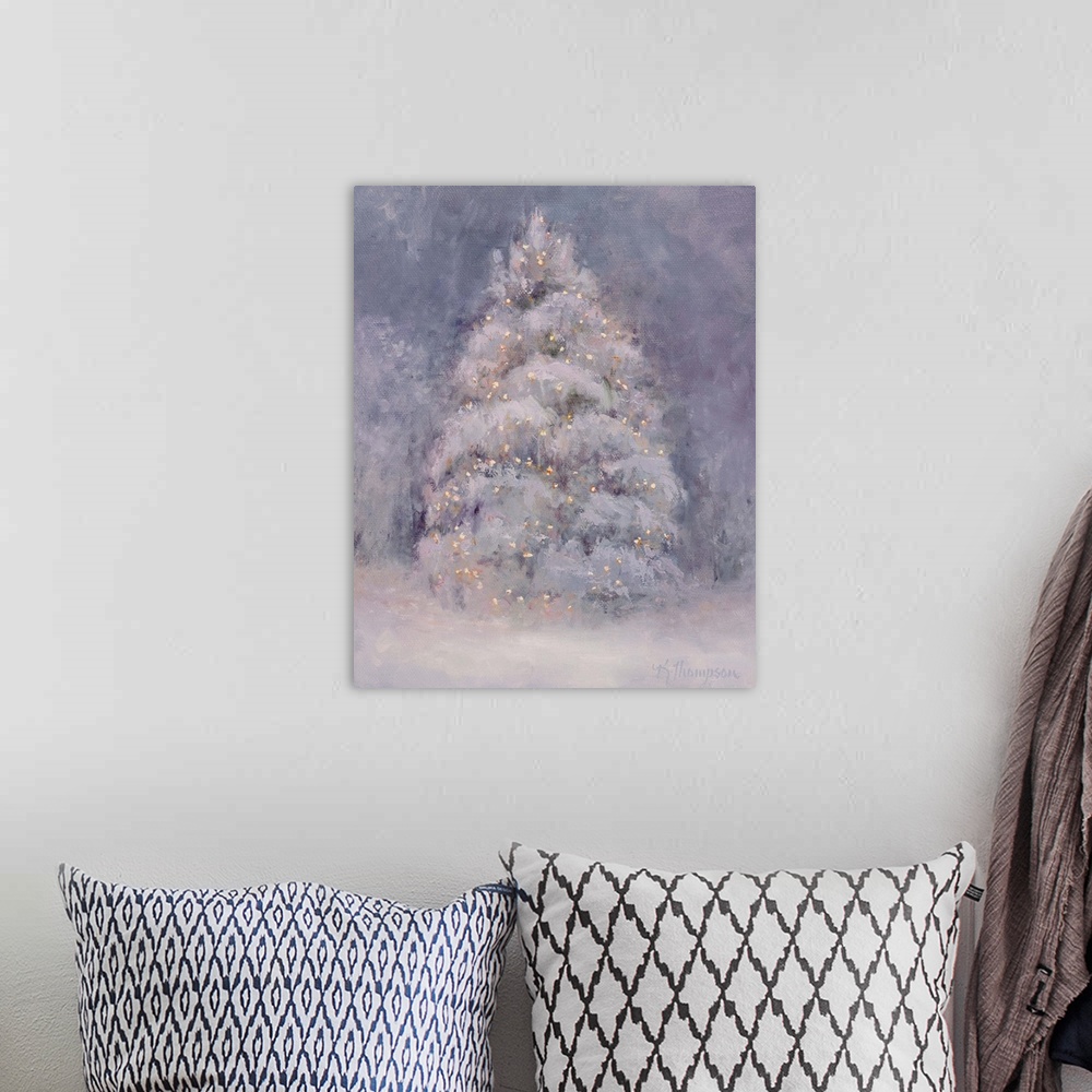 A bohemian room featuring Contemporary colorful painting of an idyllic winter scene.