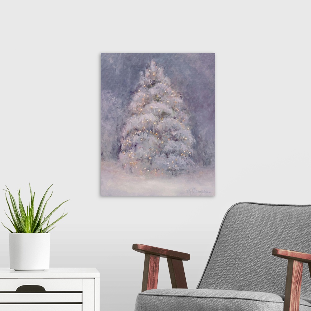 A modern room featuring Contemporary colorful painting of an idyllic winter scene.