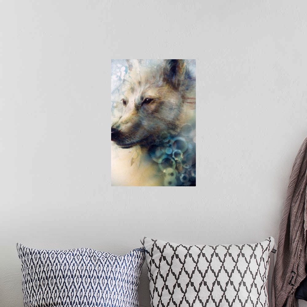 A bohemian room featuring A contemporary painting of a white wolf portrait.