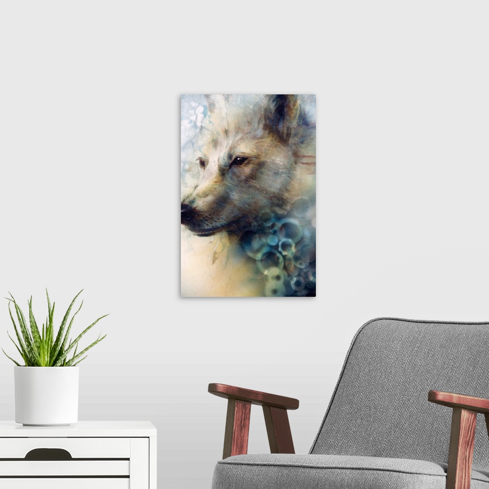 A modern room featuring A contemporary painting of a white wolf portrait.