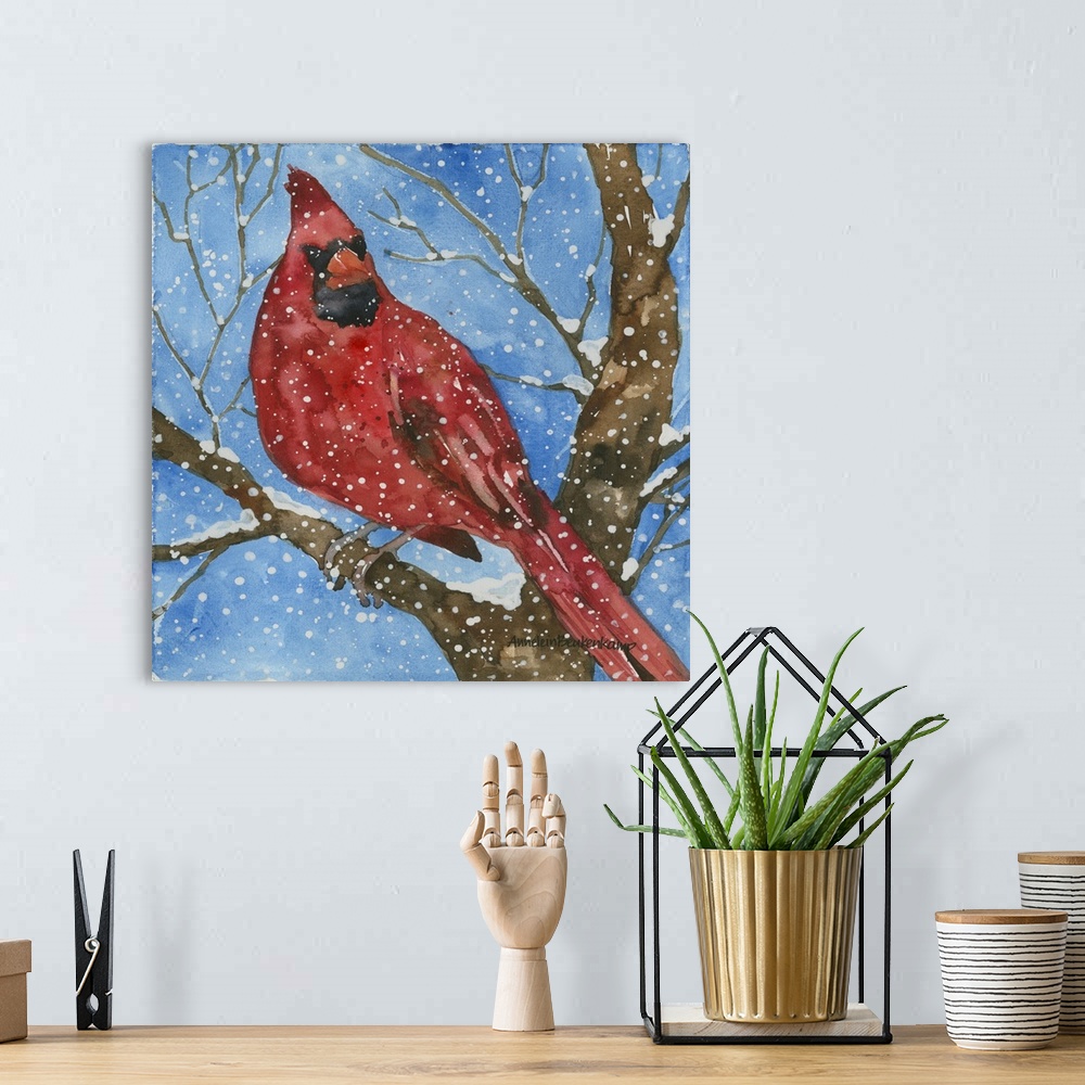 A bohemian room featuring Contemporary watercolor painting of a cardinal perched on a tree branch in the snow.