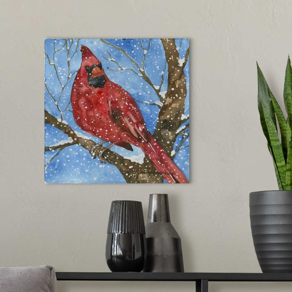 A modern room featuring Contemporary watercolor painting of a cardinal perched on a tree branch in the snow.