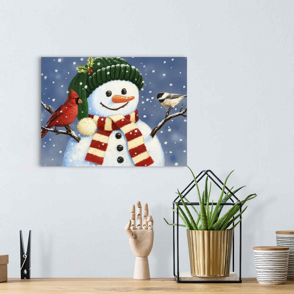 A bohemian room featuring Snowman With Cardinal And Chickadee
