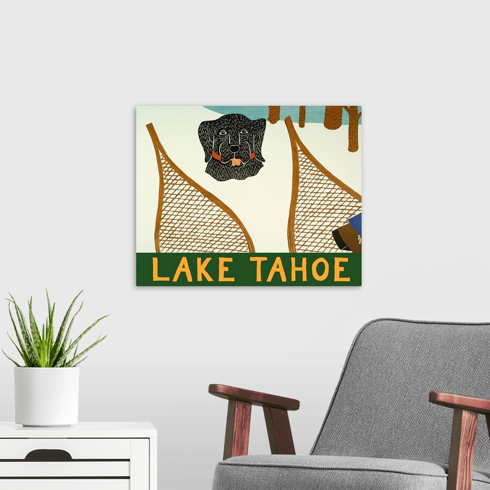 A modern room featuring Illustration of a black lab buried in the snow with a set of snowshoes in front of it and "Lake T...