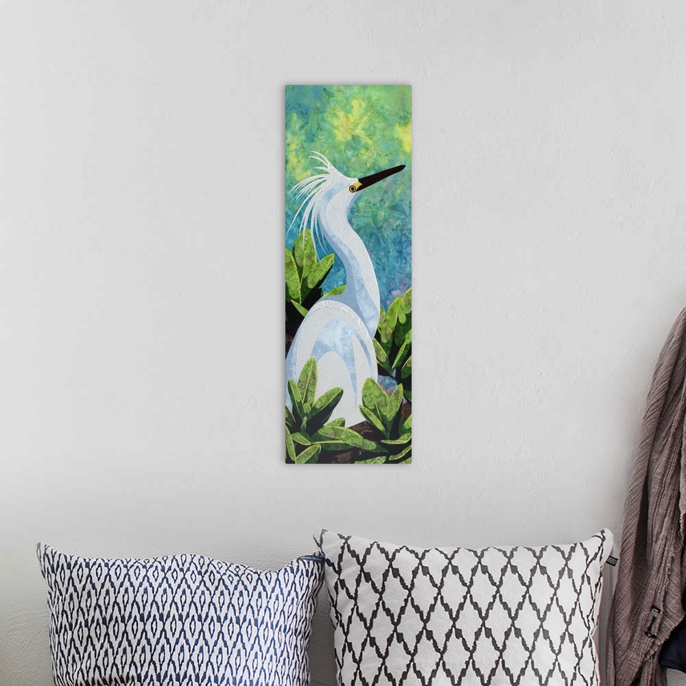 A bohemian room featuring Contemporary colorful fabric art of a snowy egret.