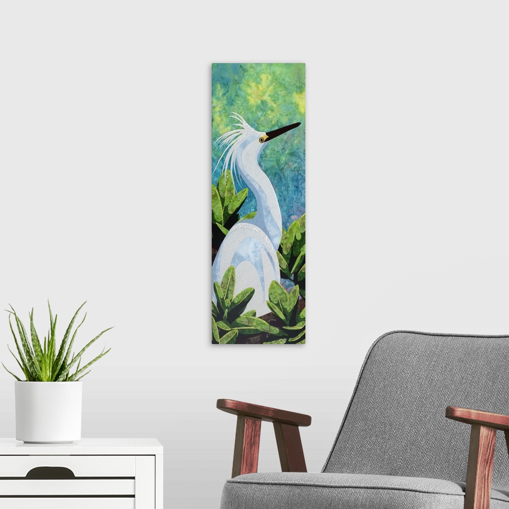 A modern room featuring Contemporary colorful fabric art of a snowy egret.