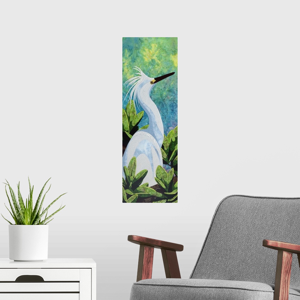 A modern room featuring Contemporary colorful fabric art of a snowy egret.