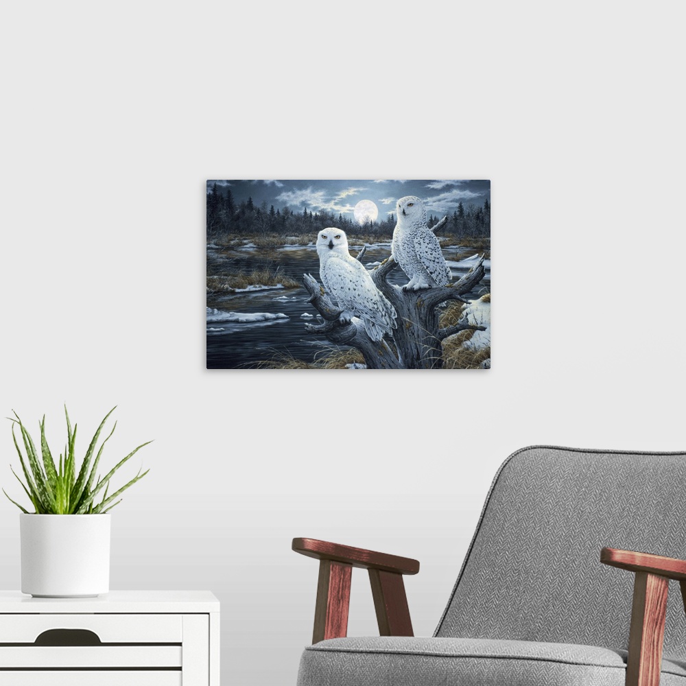 A modern room featuring a pair of white owls perched in the top of a dead tree with the moon rising in the background
