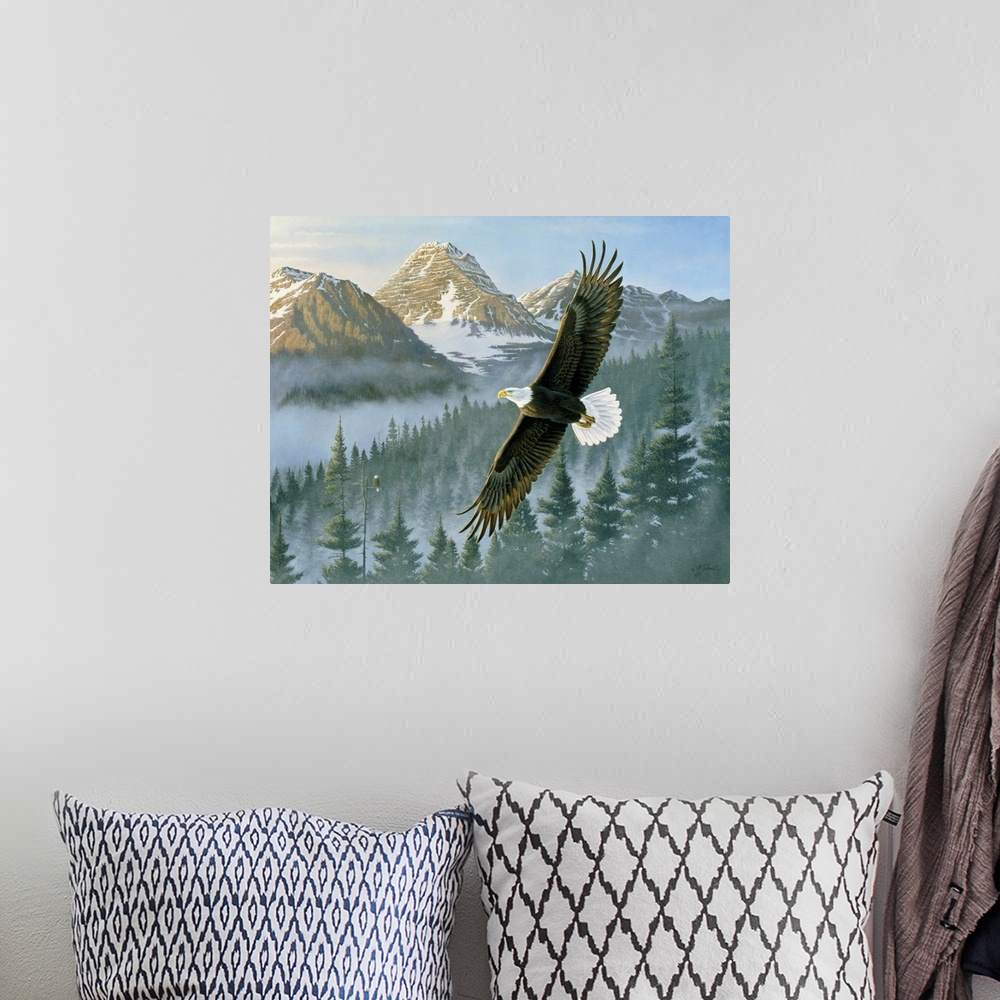 A bohemian room featuring An eagle soars above a winter forest.