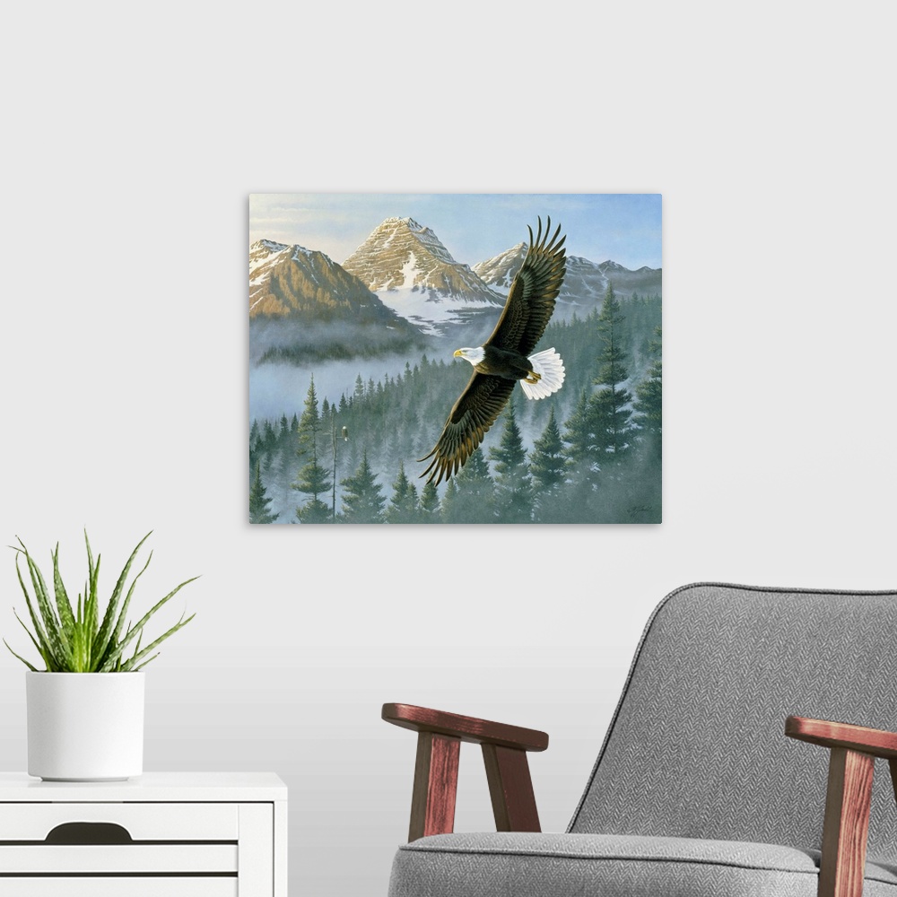 A modern room featuring An eagle soars above a winter forest.
