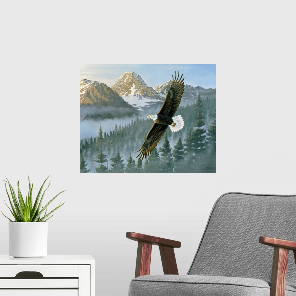 A modern room featuring An eagle soars above a winter forest.