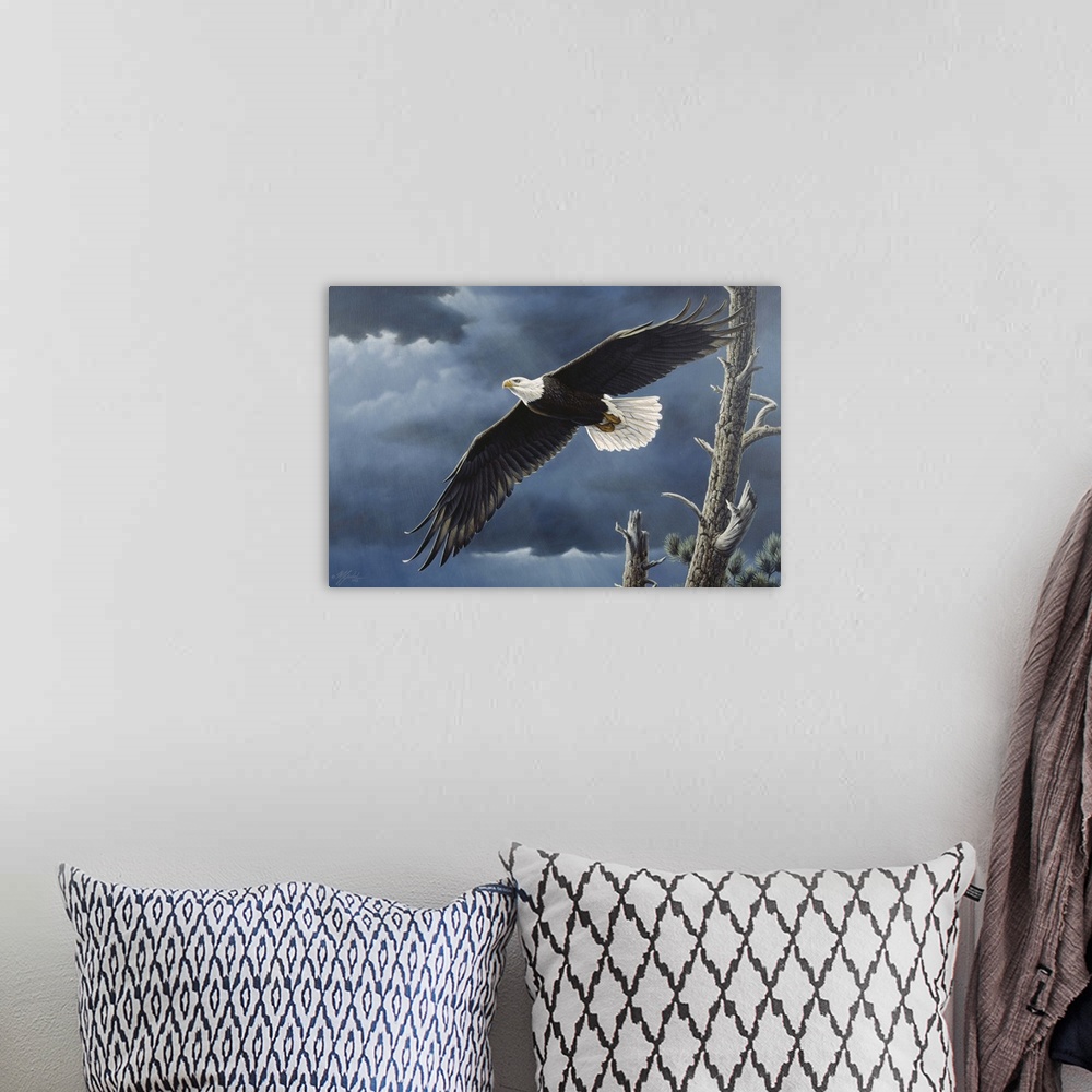 A bohemian room featuring Bald eagle flying with dark clouds behind him.