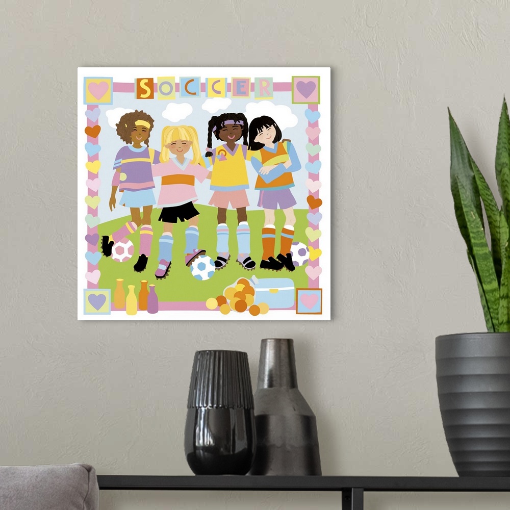 A modern room featuring Children's illustration of young girls playing soccer.