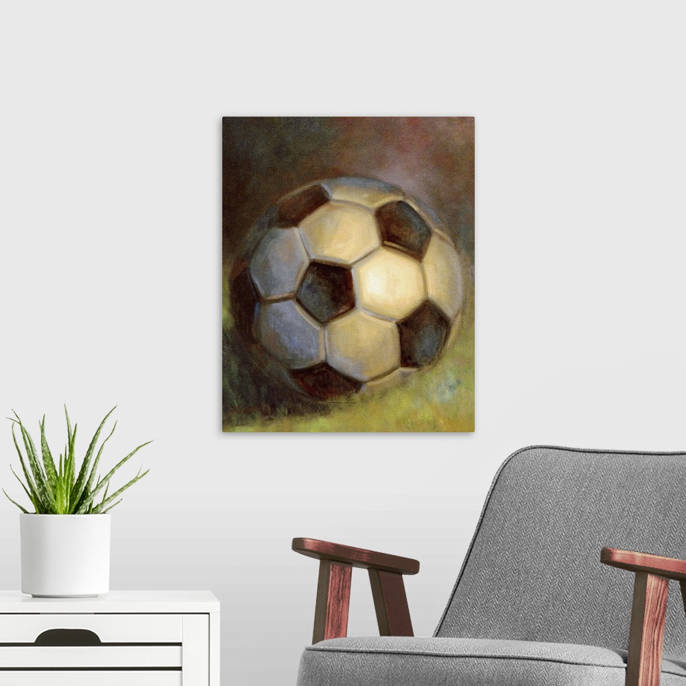 A modern room featuring Contemporary still-life painting of a soccer ball sitting on grass.