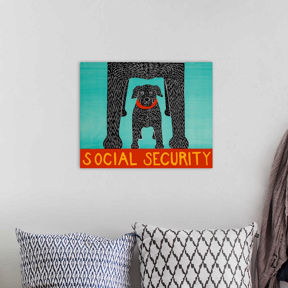 A bohemian room featuring Illustration of a black lab puppy standing under a larger lab with the phrase "Social Security" w...