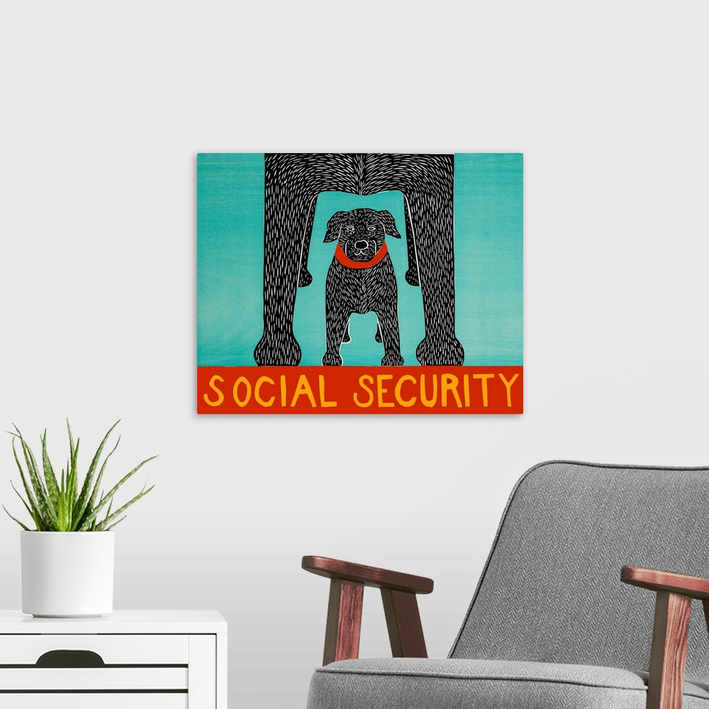 A modern room featuring Illustration of a black lab puppy standing under a larger lab with the phrase "Social Security" w...