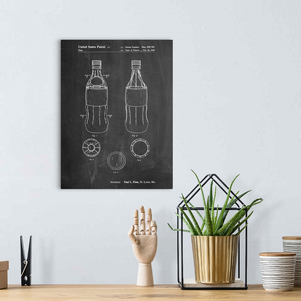 A bohemian room featuring Black and white diagram showing the parts of a soda bottle.