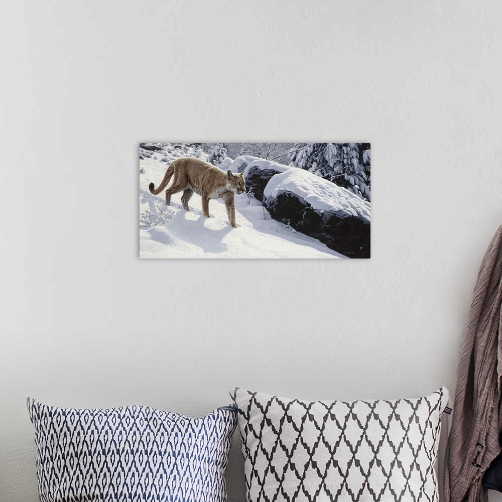 A bohemian room featuring A cougar creeping in the snowy woods.