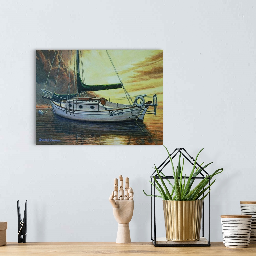 A bohemian room featuring Contemporary painting of a large sailboat with the sail down in the ocean in front of a dramatic ...