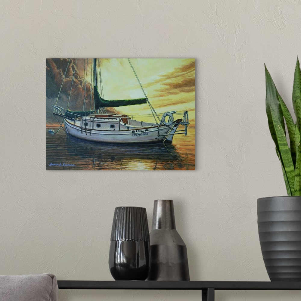 A modern room featuring Contemporary painting of a large sailboat with the sail down in the ocean in front of a dramatic ...