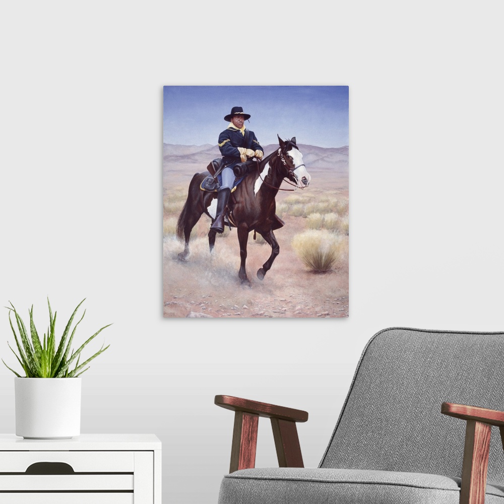 A modern room featuring Yankee Soldier on horse back.