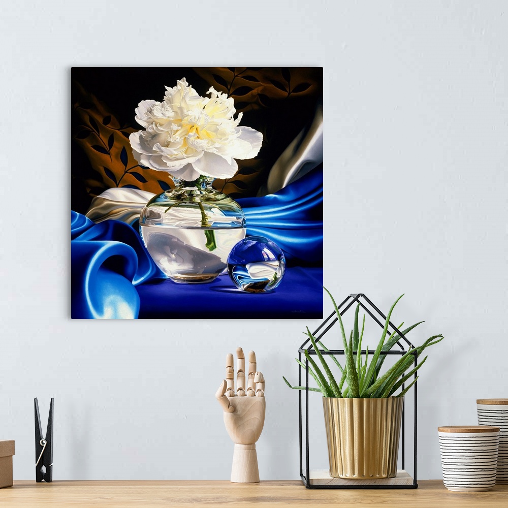 A bohemian room featuring Contemporary vivid realistic still-life painting of a large white flower in a clear glass vase fi...