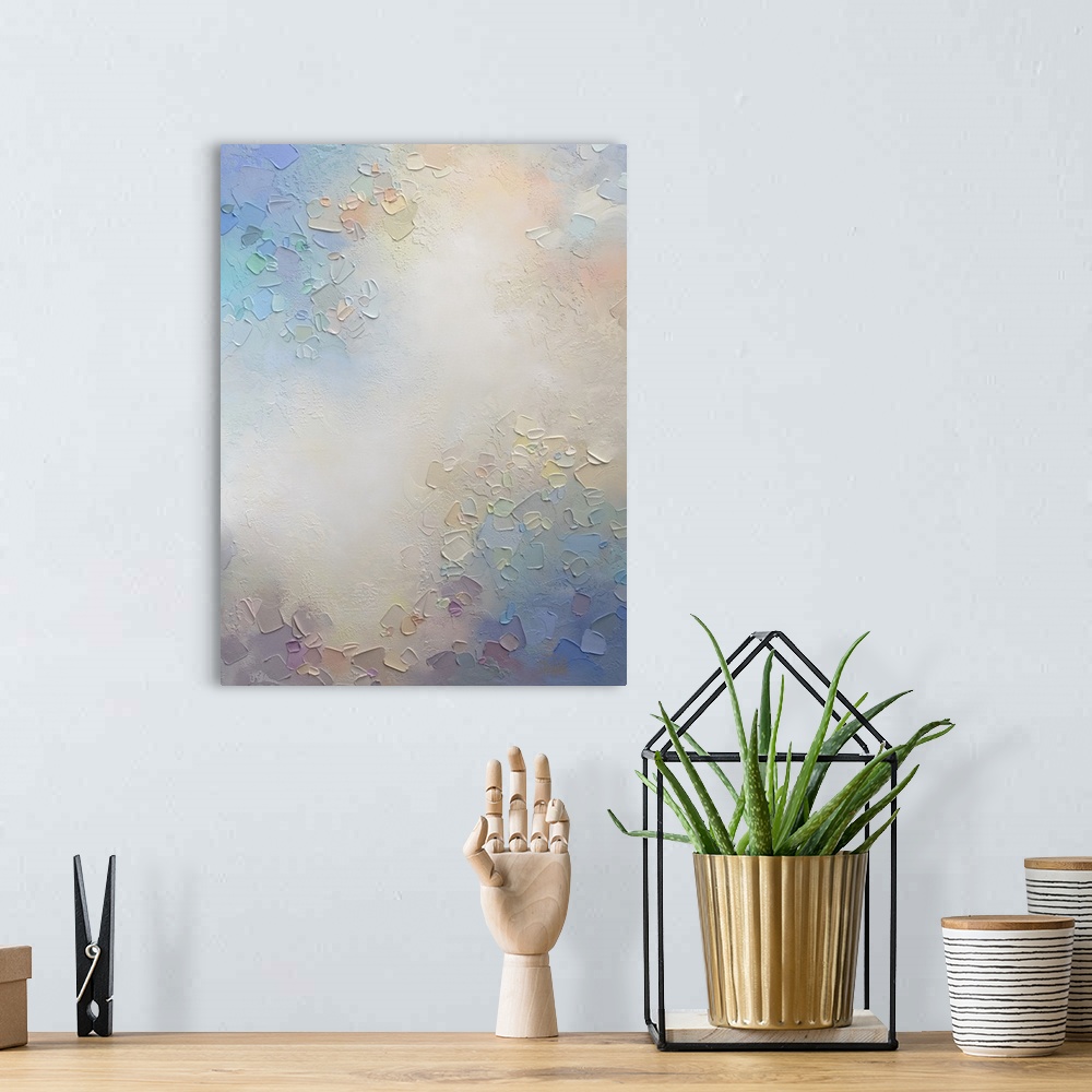 A bohemian room featuring Abstract painting of clouds and sky Giclee art print on canvas by contemporary abstract artist Me...