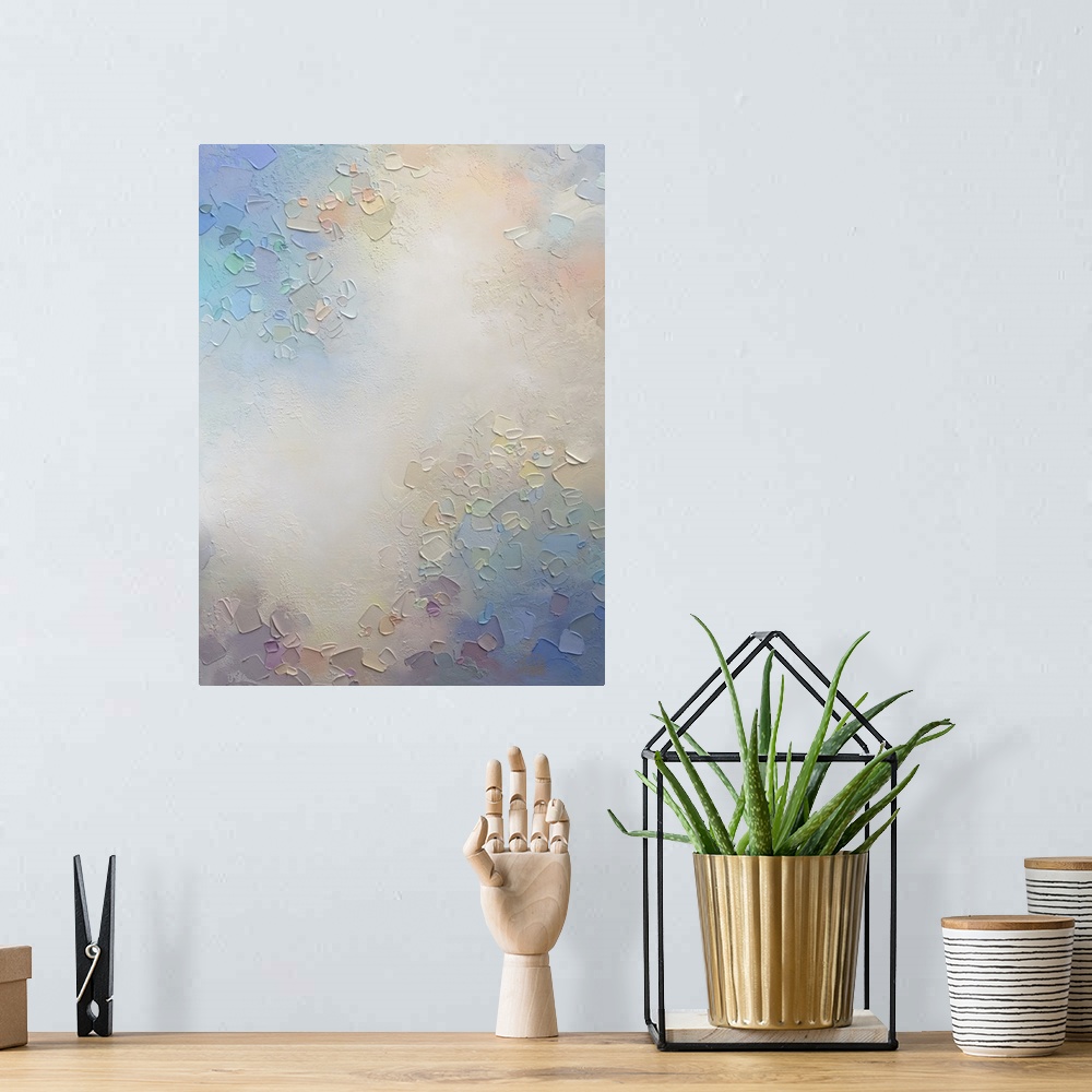 A bohemian room featuring Abstract painting of clouds and sky Giclee art print on canvas by contemporary abstract artist Me...