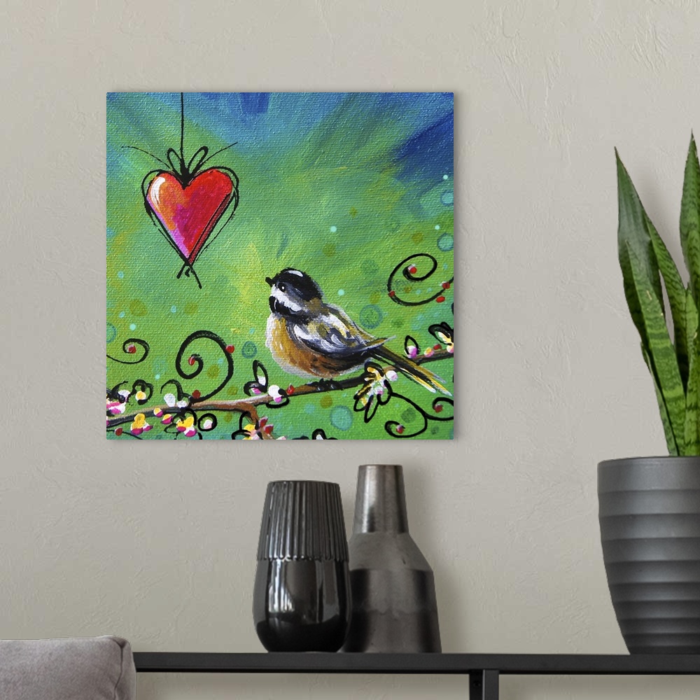 A modern room featuring Whimsical contemporary artwork of a garden bird looking at a hanging heart against a colorful bac...