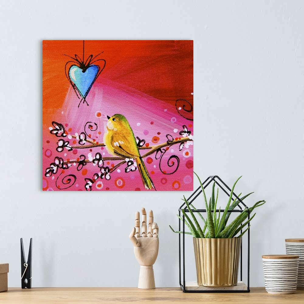 A bohemian room featuring Whimsical contemporary artwork of a garden bird looking at a hanging heart against a colorful bac...