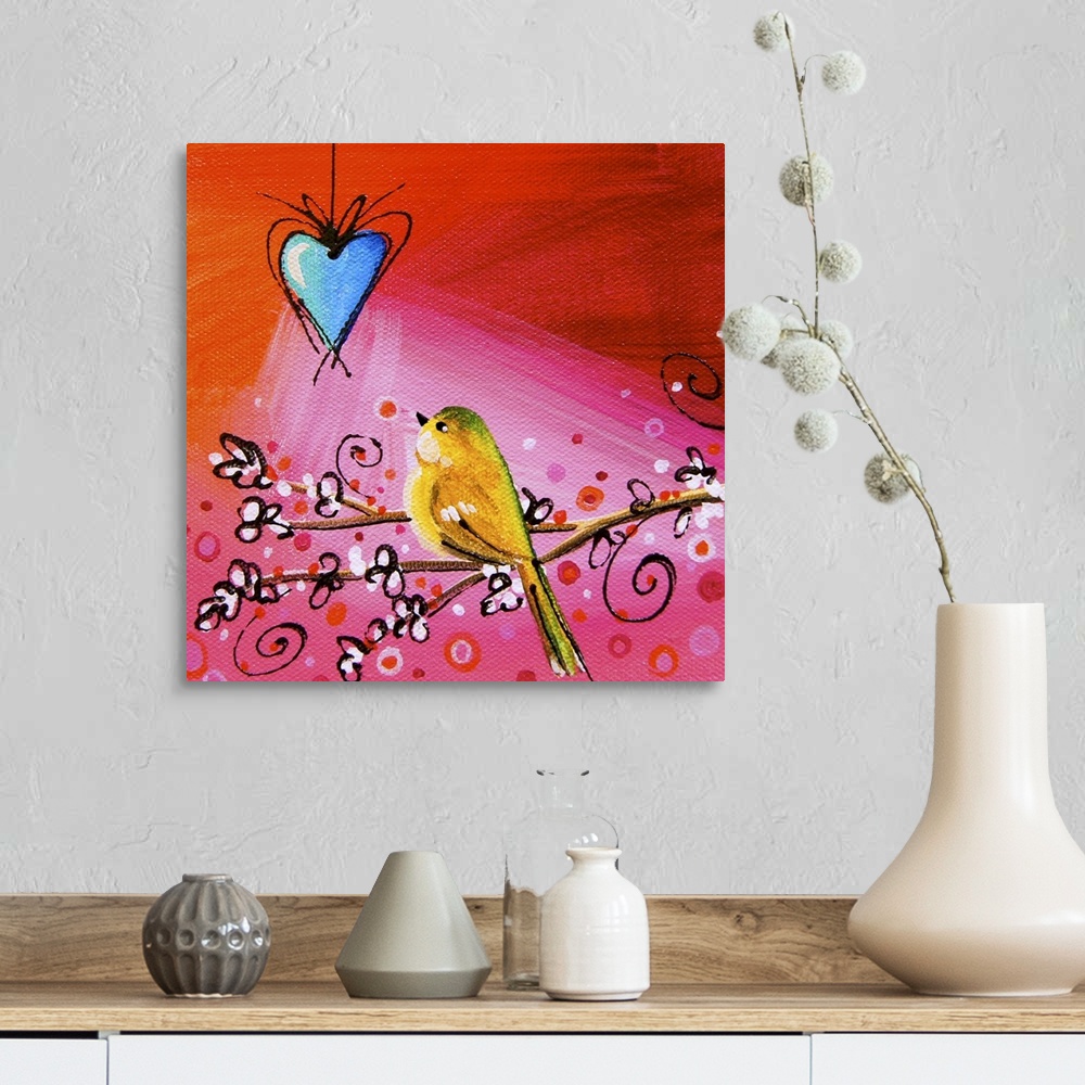 A farmhouse room featuring Whimsical contemporary artwork of a garden bird looking at a hanging heart against a colorful bac...