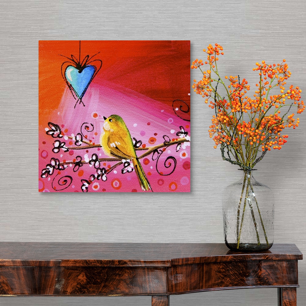 A traditional room featuring Whimsical contemporary artwork of a garden bird looking at a hanging heart against a colorful bac...