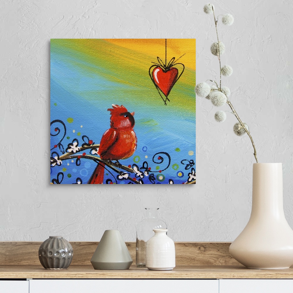 A farmhouse room featuring Whimsical contemporary artwork of a garden bird looking at a hanging heart against a colorful bac...