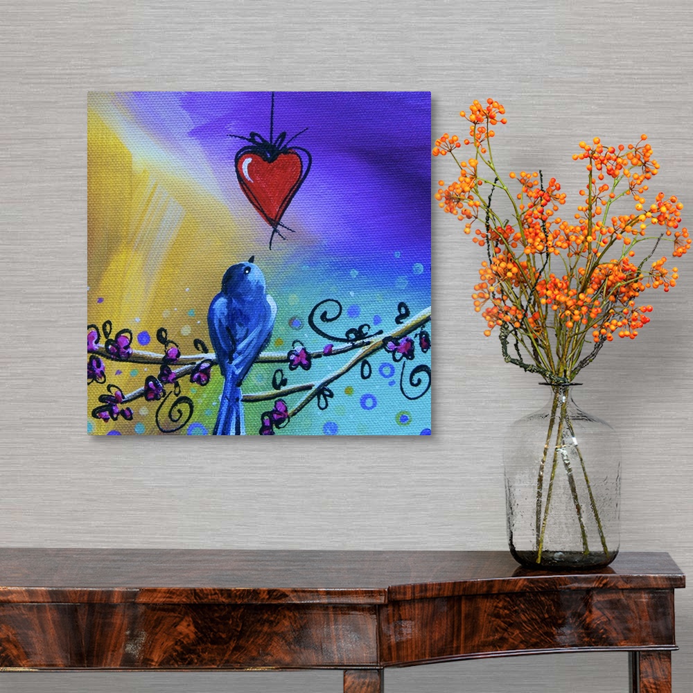 A traditional room featuring Whimsical contemporary artwork of a garden bird looking at a hanging heart against a colorful bac...