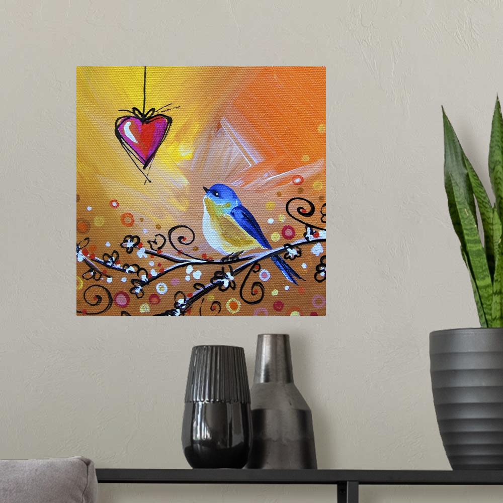 A modern room featuring Whimsical contemporary artwork of a garden bird looking at a hanging heart against a colorful bac...