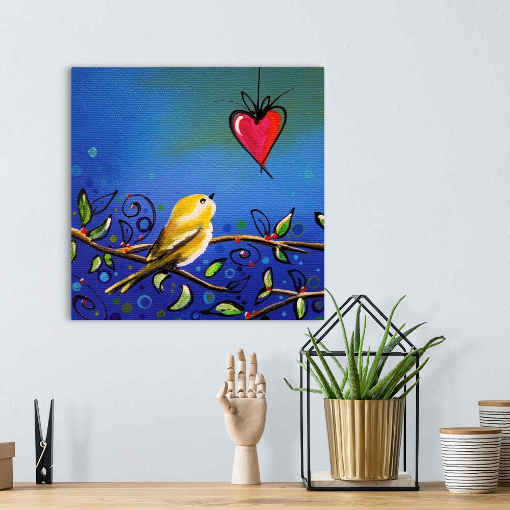 A bohemian room featuring Whimsical contemporary artwork of a garden bird looking at a hanging heart against a colorful bac...