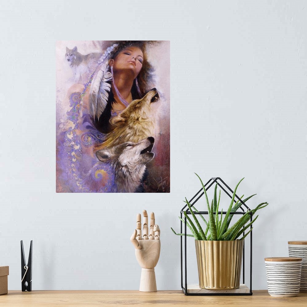 A bohemian room featuring A contemporary painting of a Native American woman with fractals streaming from the feathers in h...