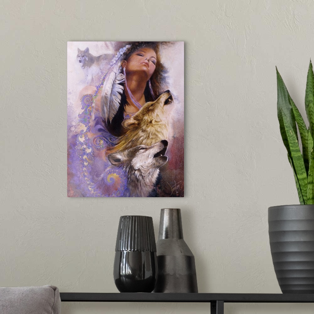 A modern room featuring A contemporary painting of a Native American woman with fractals streaming from the feathers in h...