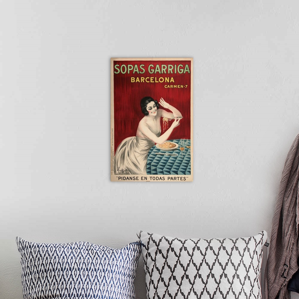 A bohemian room featuring Vintage poster advertisement for Sopas Garriga.