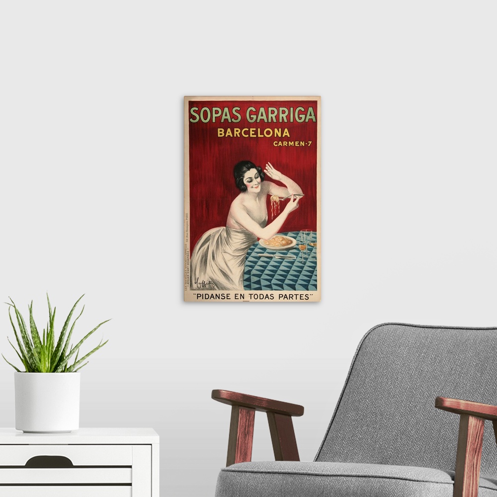 A modern room featuring Vintage poster advertisement for Sopas Garriga.