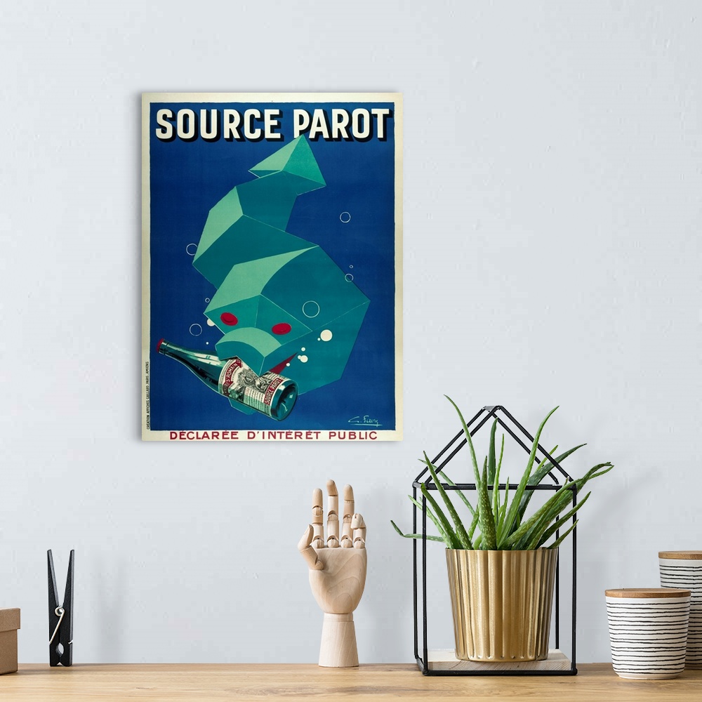A bohemian room featuring A cubist eel grasps a bottle of source parot in its mouth
