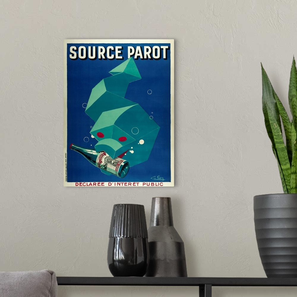 A modern room featuring A cubist eel grasps a bottle of source parot in its mouth