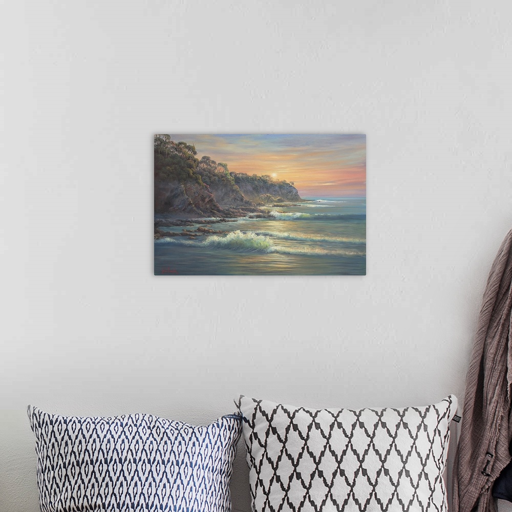 A bohemian room featuring Contemporary painting of a coastal landscape at sunset.