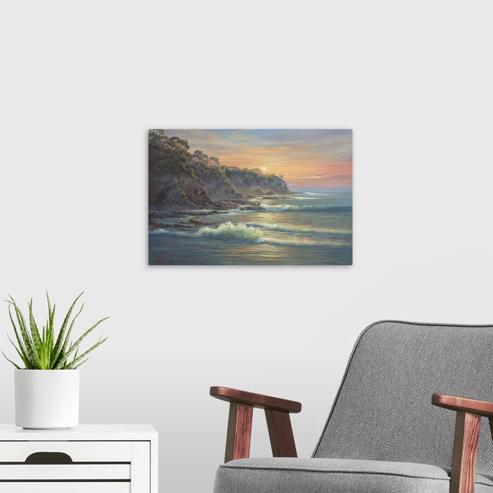 A modern room featuring Contemporary painting of a coastal landscape at sunset.