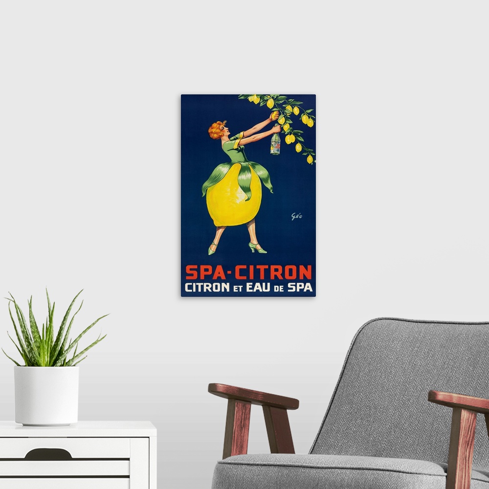A modern room featuring woman picking lemons, bottom of her dress is a lemon
