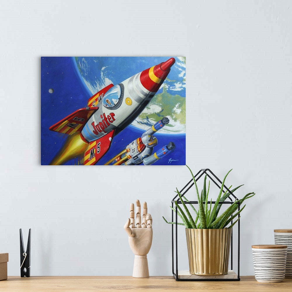 A bohemian room featuring A contemporary painting of a retro toy rocket chip and robot flying through space with the planet...