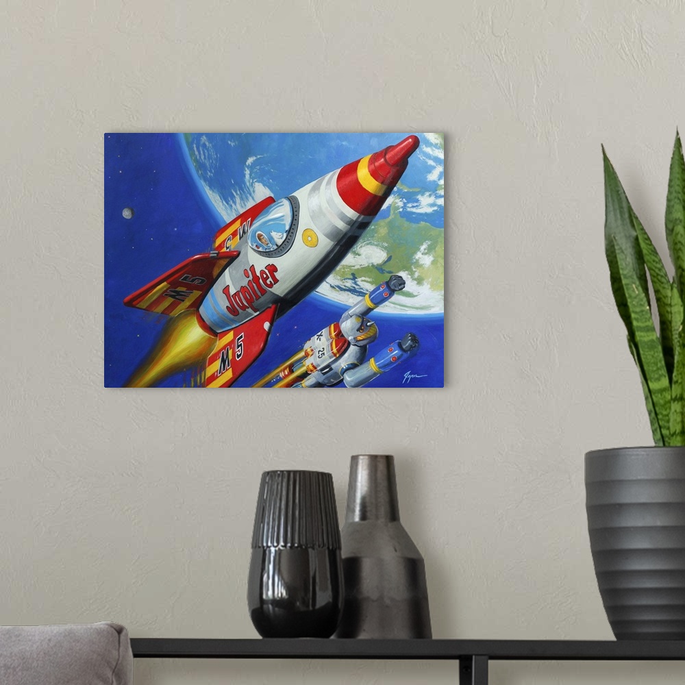 A modern room featuring A contemporary painting of a retro toy rocket chip and robot flying through space with the planet...