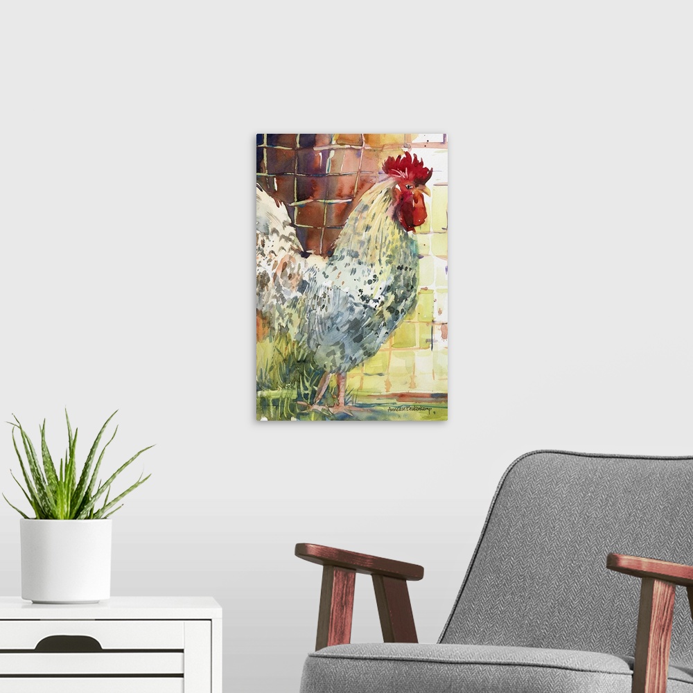 A modern room featuring Contemporary watercolor painting of a rooster.